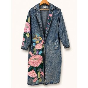 Vintage Fit America Womens Large Denim Trench Coat Hand Painted Floral Acid Wash